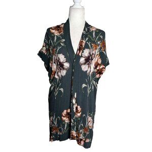 Lilyful Floral Kimono Shirt Cardigan Small Dark Green Button Front Rayon